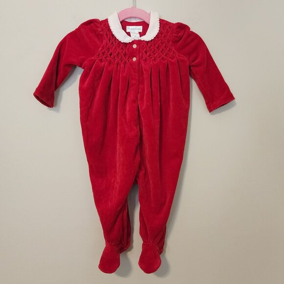 Ralph Lauren baby girl sz 6 m velour Christmas romper  red white collar smocked - Picture 1 of 12